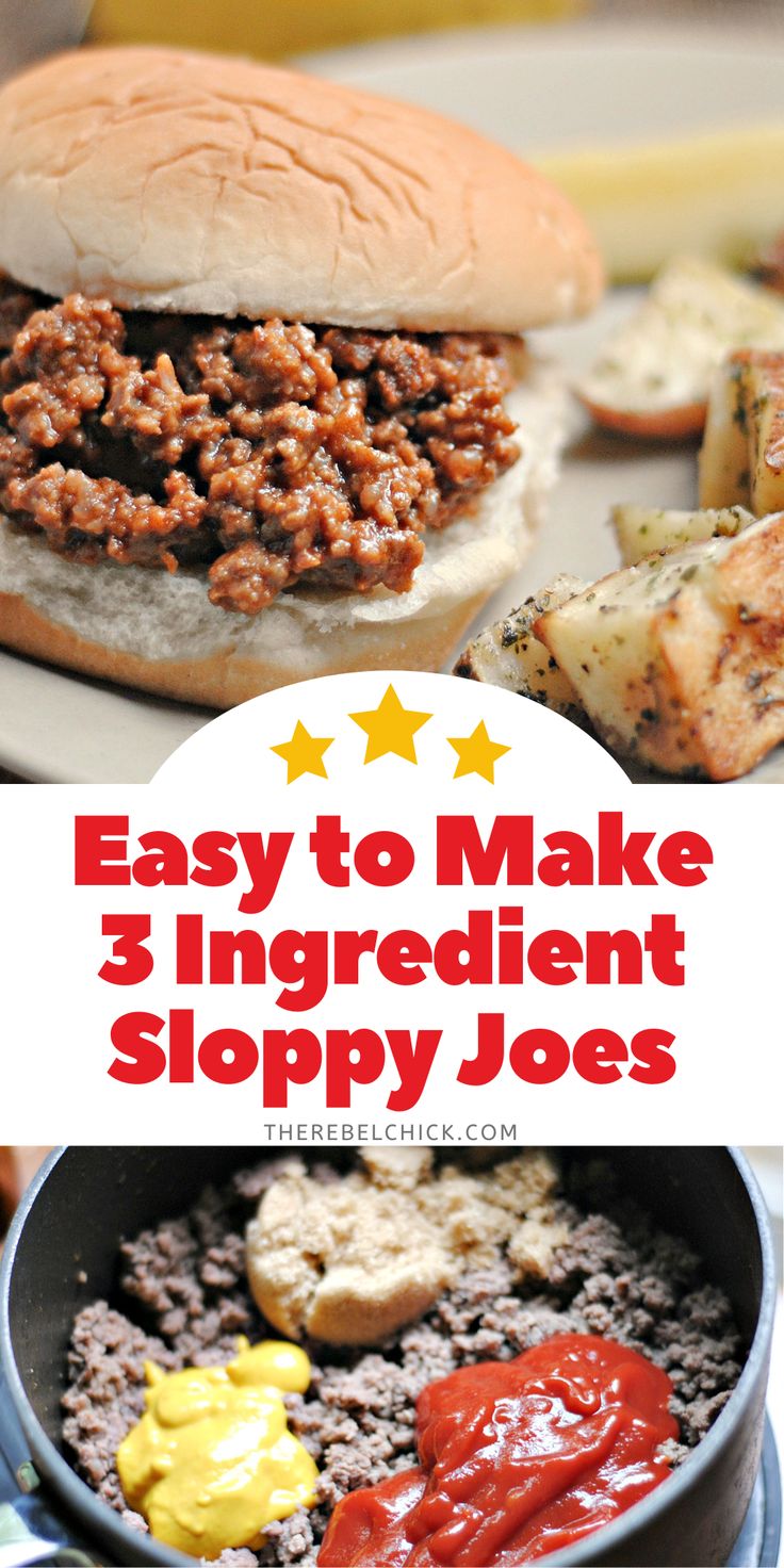 Sloppy joes on buns with French fries Easiest Sloppy Joes, Ground Beef 3 Ingredient Recipes, Sloppy Joe Recipe Easy Simple, Sloppy Joe Recipe 3 Ingredients, Spicy Sloppy Joe Recipe Pioneer Woman, Man Which Sloppy Joes, Beef Sloppy Joe Recipe, Easy Sloppy Joe Recipe Crock Pots, 3 Ingredient Sloppy Joes