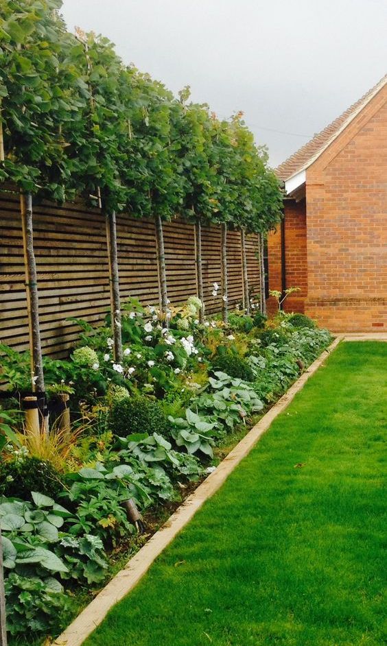 a green yard with lots of plants and flowers in it, next to a brick building