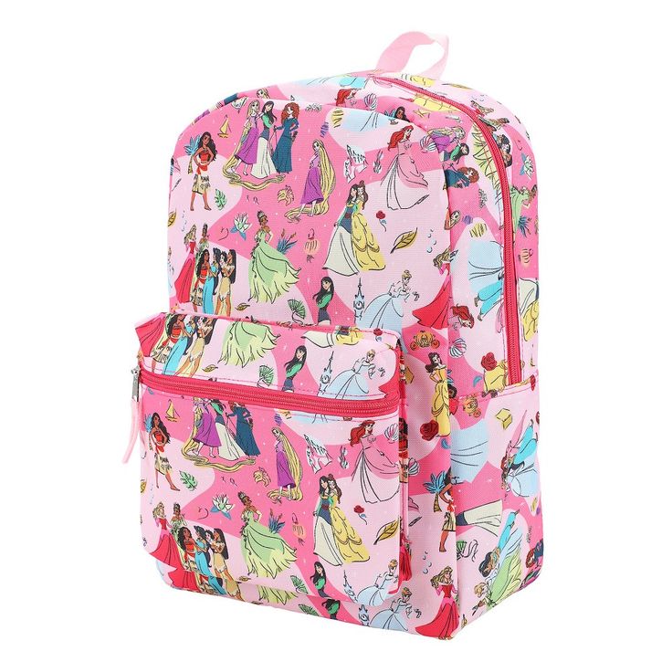 This officially licensed backpack is the perfect school, work, or travel accessory for Disney fans! The backpack has been custom-designed with a beautiful all-over print of your favorite Disney princesses, including Belle, Pocahantas, Rapunzel, Mulan, Merida, and more! Perfectly sized for fans of all ages, it’s ideal for carrying books, laptops, or sports gear comfortably. The top zipper ensures easy access to the spacious main compartment, while the zippered front pocket keeps smaller valuables Disney Style School Backpack, Disney Student Backpack, Disney Standard Backpack For End Of School Year, Disney Character Print School Bag, Disney Character Print Bags For Back To School, Disney Back To School Bags With Zipper Closure, Back To School Disney Bags With Zipper, Disney Character Print Back To School Bags, Disney Style Bags With Zipper For Back To School