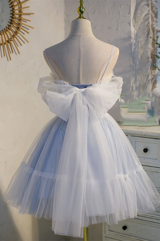 Princess light blue A-line short dress with spaghetti straps, white appliques, fitted bodice with lace up back and bow. SKU: 2366 Free Shipping Ship in 7-10 business days Material: Tulle. Fully lined for added comfort. Built in bra US 2 - US 16. Refer to our size chart to choose correct size. We offer free returns in 7 days. Please refer to our return policy page for more details. If you have any questions, please feel free to contact us: service@dressesforparty.com. Sky Blue Prom Dress, Kain Tile, Light Blue Prom Dress, Cute Homecoming Dresses, Prom 2024, Blue Party Dress, Satin Tulle, Short Party Dress, Blue Tulle