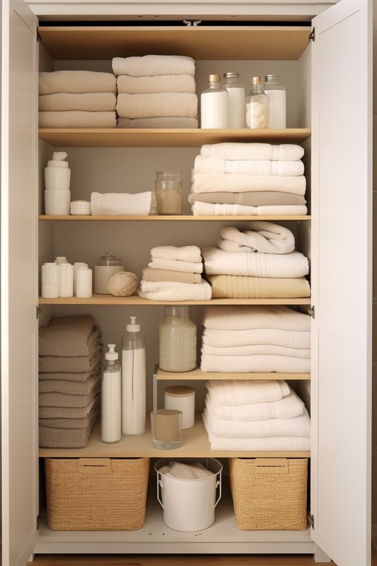 an organized linen closet with folded towels and other items