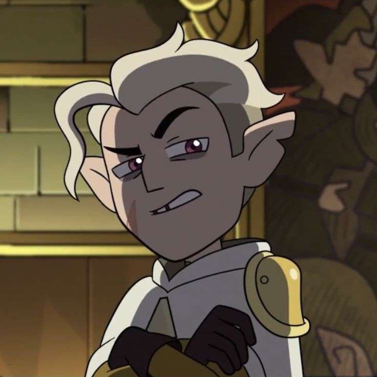 an animated character with white hair and black eyes holding a glove in front of a fireplace