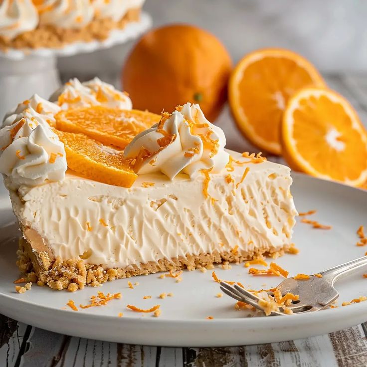 a slice of cheesecake on a plate with oranges in the backgroud