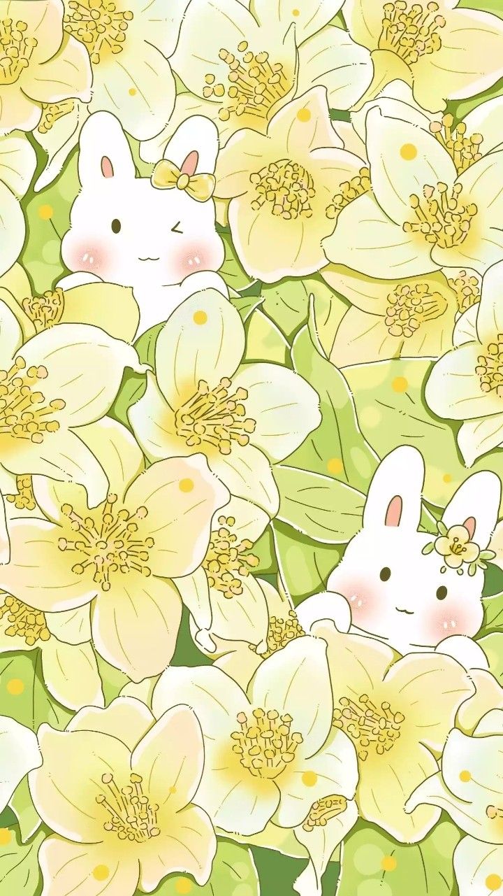 a bunch of yellow flowers with rabbits on them