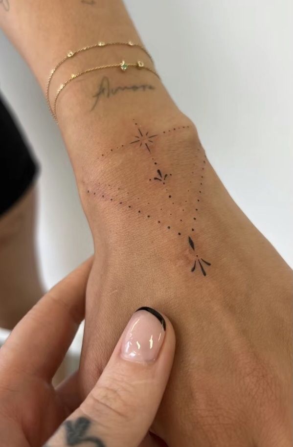 a woman's hand with tattoos on it