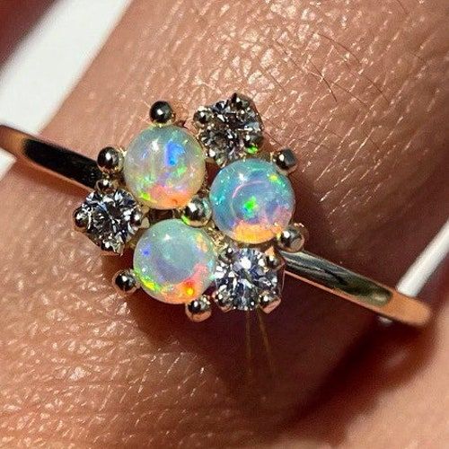 Fine Jewelry Stackable Opal Promise Ring, Multi-stone Opal Promise Ring, Opal Multi-stone Rings For Promise, Opal Multi-stone Promise Ring, Stackable Opal Promise Ring In Fine Jewelry Style, Dainty Cluster Rings For Gifts, Dainty Cluster Rings As Gift, Dainty Cluster Rings For Gift, 14k Gold Cluster Rings For Gifts