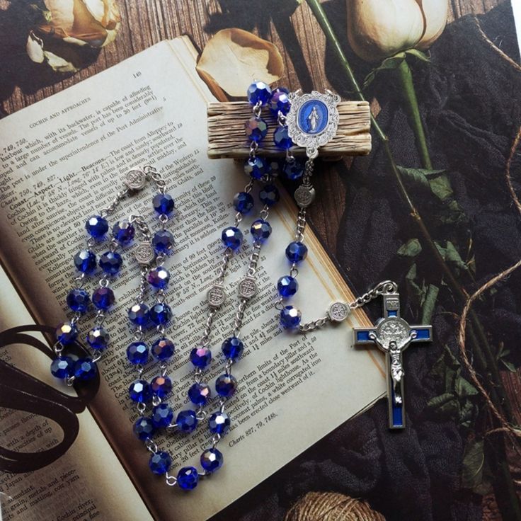 Blue Crystal Bead Rosary Necklace Vintage Catholic Religious for Cross Jesus Pendant Necklaces for Bead Rosary, Cross Jesus, Religious Cross, Rosary Necklace, Jesus On The Cross, Necklace Vintage, Acrylic Beads, Blue Crystals, Rosary