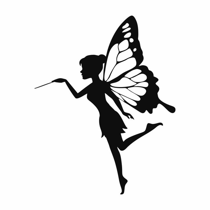 a black and white silhouette of a fairy with her wings spread, holding a wand