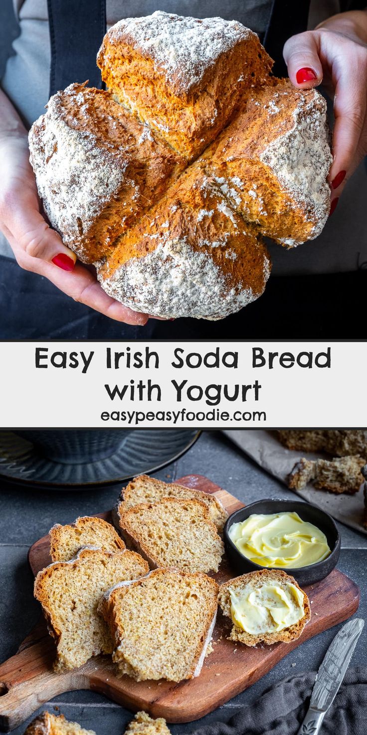 irish soda bread with yogurt on a cutting board