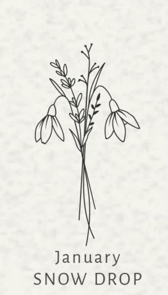 the january snow drop logo with flowers and leaves in black ink on a white background