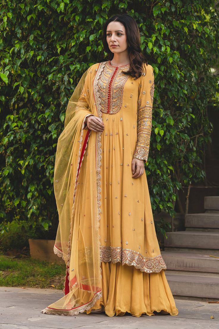 Kurta And Sharara, Gota Embroidery, Yellow Kurta, Tulle Embroidery, Georgette Dupatta, Embroidered Dupatta, Luxury Sale, Scallop Edge, French Knot