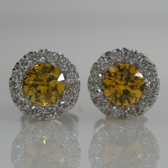 Diamond Halo Border Yellow Sapphire Stud Earrings 18K White Gold Luxury Gia Certified Yellow Gold Earrings, Gia Certified Luxury Yellow Gold Earrings, Yellow Round Diamond Earrings, Luxury Yellow Round Diamond Earrings, Luxury Yellow Diamond Round Earrings, Formal Yellow Gold Gia Certified Diamond Earrings, Formal Gia Certified Yellow Gold Diamond Earrings, Gia Certified Yellow Gold Diamond Earrings For Formal Occasions, Yellow Diamond Earrings For Anniversary