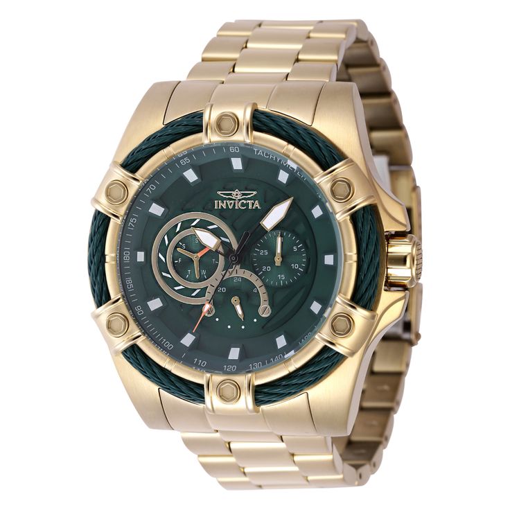 This eye-catching Invicta watch from the Bolt collection is powered by an accurate Quartz movement, with a gold case. Its face is decorated by a green, brass dial, and protected by a sturdy Flame Fusion Crystal. A gold, band completes this timepiece that can resist water for up to 100 m. With sharpness in attitude and ability, the Invicta Bolt is a mastermind of dominance. Perfectly synchronized movements, complex casing engineering and signature rope jewelry design fastened around the bezel make a lasting impression. Variations in materials and finishes provide a range of options to suit any taste. The Invicta Bolt, an uncompromised statement in accomplished timekeeping where power becomes harmonized motion.From its founding in 1837 to the present day, innovative excellence has been at th Green Chronograph Watch With Analog Round Dial, Green Watches With Analog Display, Green Watch With Analog Display And Round Dial, Green Watch With Analog Display, Gold Chronograph Watch With Round Dial For Outdoor, Green Automatic Chronograph Watch For Outdoor, Green Outdoor Automatic Chronograph Watch, Outdoor Green Automatic Chronograph Watch, Gold Chronograph Watch For Outdoor