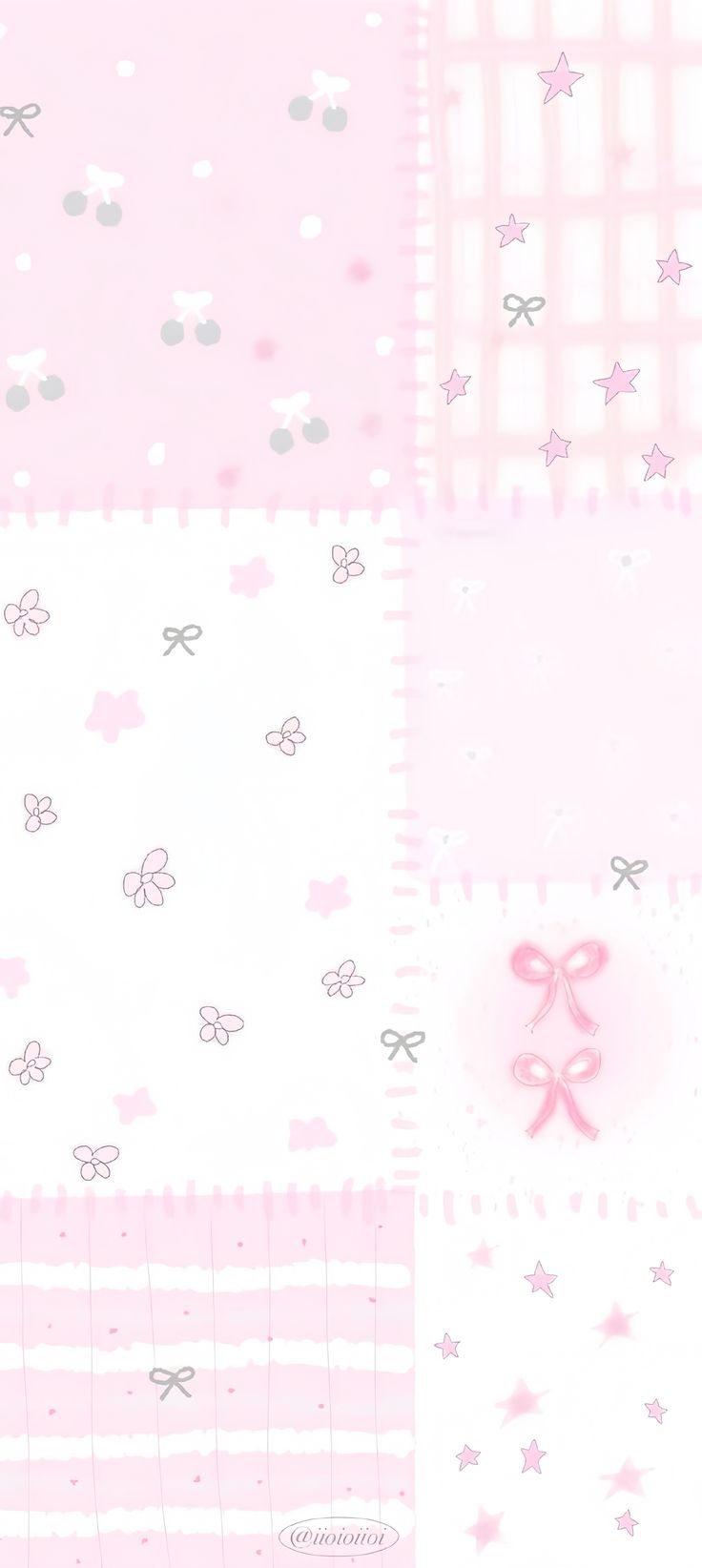 pink and white wallpaper with stars, bows, and squares on it's sides