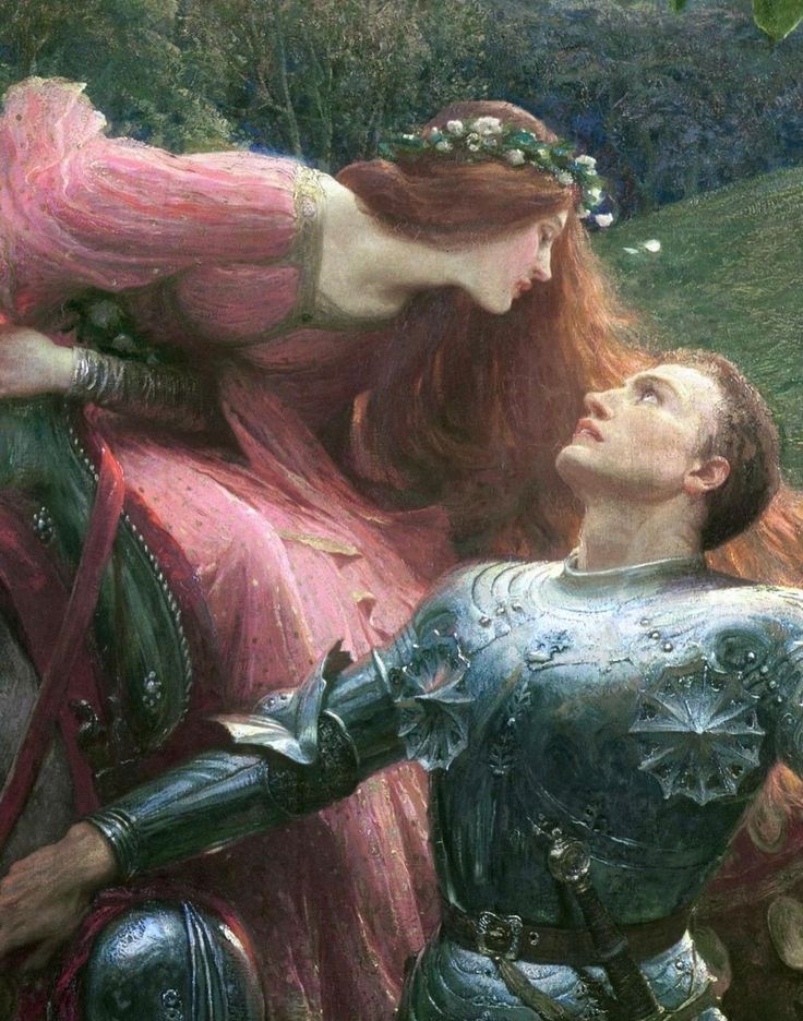 a painting of a man and woman in armor looking into each other's eyes