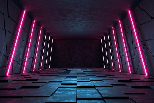 an empty room with pink neon lights on the walls and floor, along with black tiles