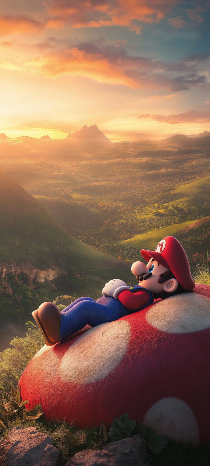 mario laying on top of a mushroom with the sun setting in the distance behind him