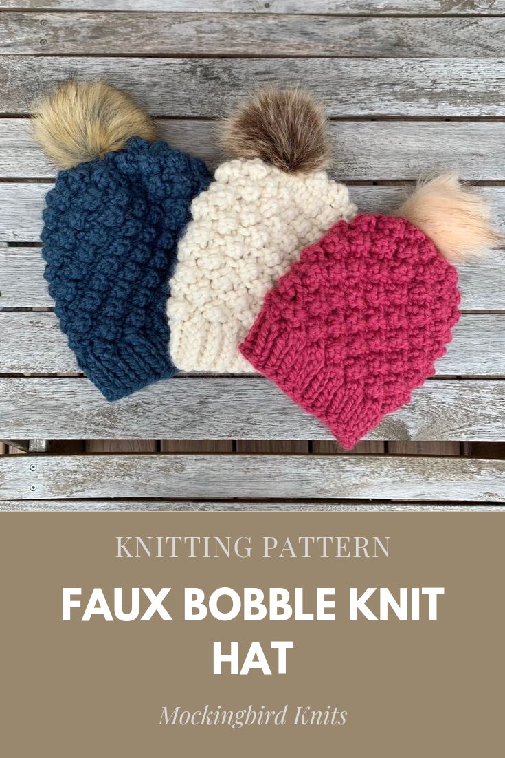 two knit hats with pom poms on top and the text knitting pattern fax bobble knit hat