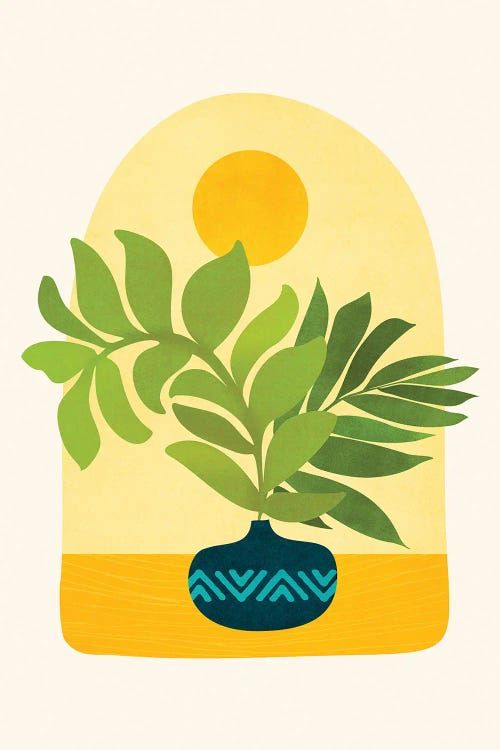 an illustration of a plant in a blue vase on a yellow and white background with the sun behind it