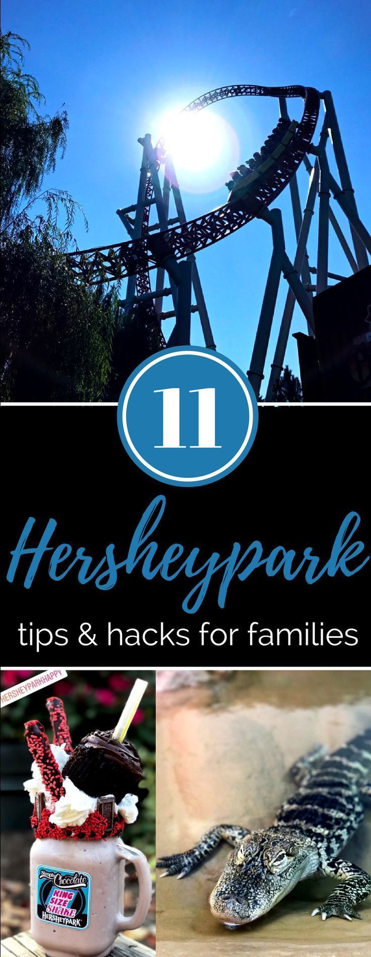 the cover of hersheypark tips and hacks for families, including an image of a roller coaster