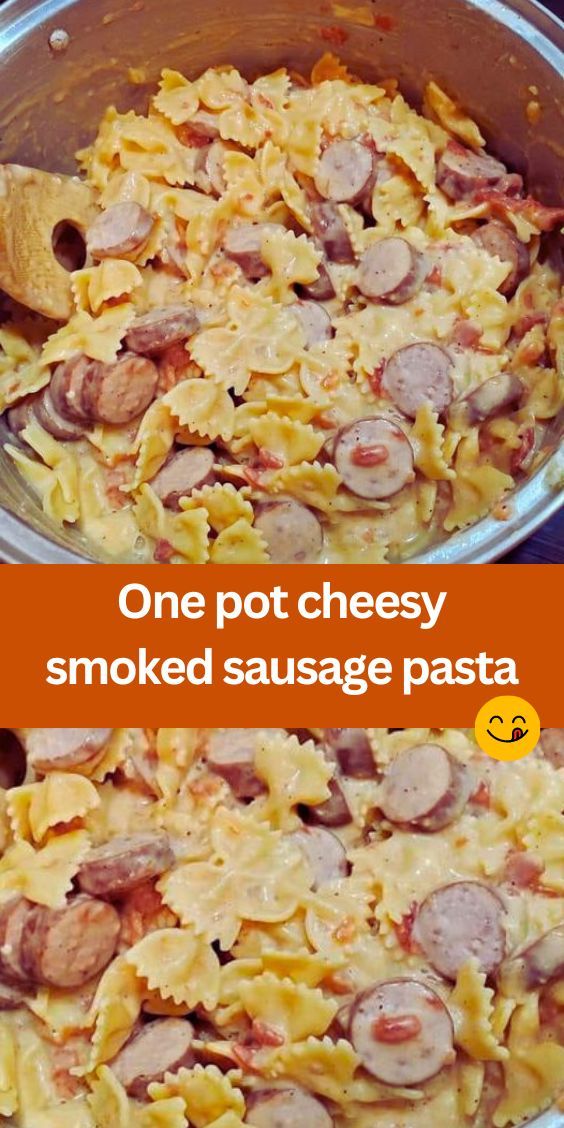 one pot cheesy smoked sausage pasta is in the process of being cooked and then finished