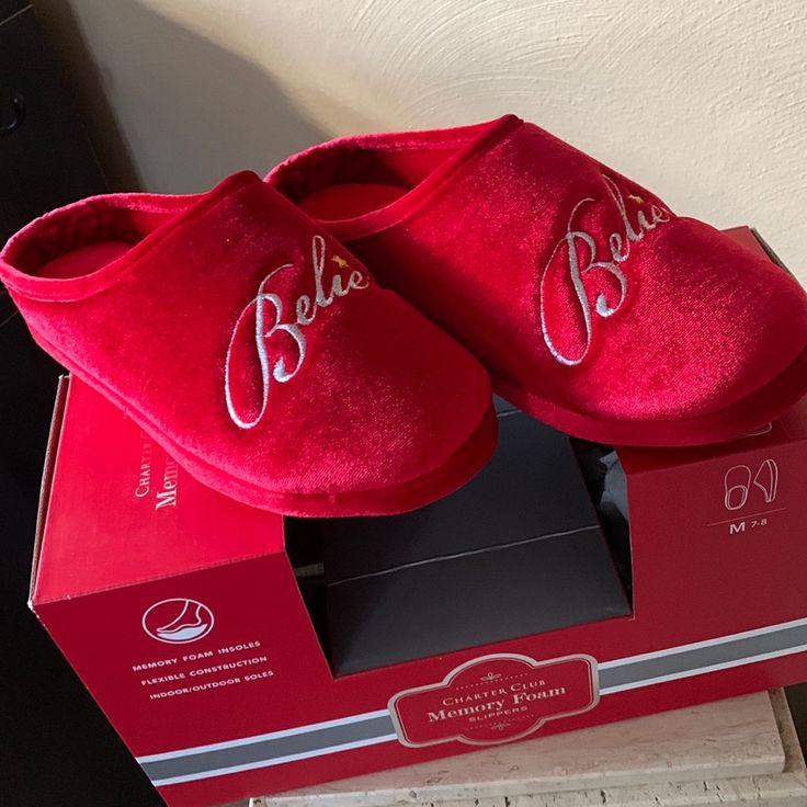 New In Box! Great Christmas Present! Quilted Inner Sole. Velour Uppers. “Believe” Embroidered In Silver With The Cutest Gold Star To Dot The “I”. Reasonable Offers Considered!! Christmas Slippers Red, Grey Slippers, Christmas Slippers, Club Red, Pink Slippers, Ballerina Slippers, Suede Slides, Club Shoes, Slide Slippers