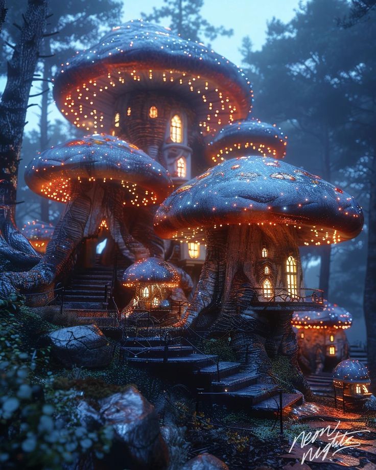 an image of a fairy house in the woods at night with christmas lights on it