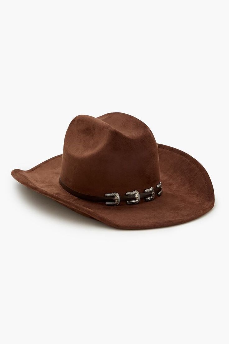 Woven brushed cowboy hat featuring pinched crown, curved brim, and buckled faux leather trim with etched hardware. | 100% polyester | Circumference: 22.5" | Brim: 3.5" | Buckled - Trim Cowboy Hat Adjustable Fedora For Rodeo With Single Vent, Brown Felt Hat For Rodeo, Cowboy Hat, Leather Trim, Leather Trims, Cowboy Hats, Cowboy, Faux Leather, Buckle