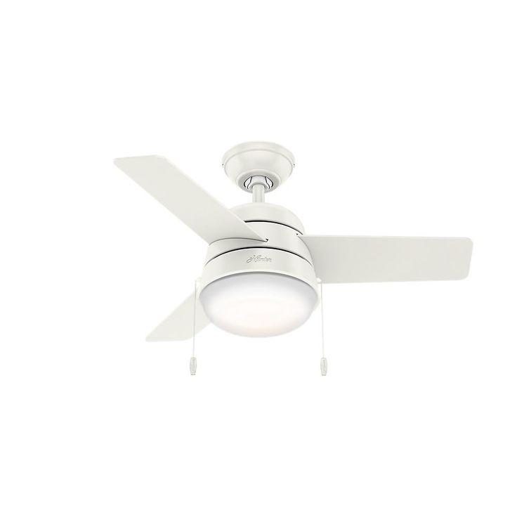 a white ceiling fan with a light on the top and two blades attached to it