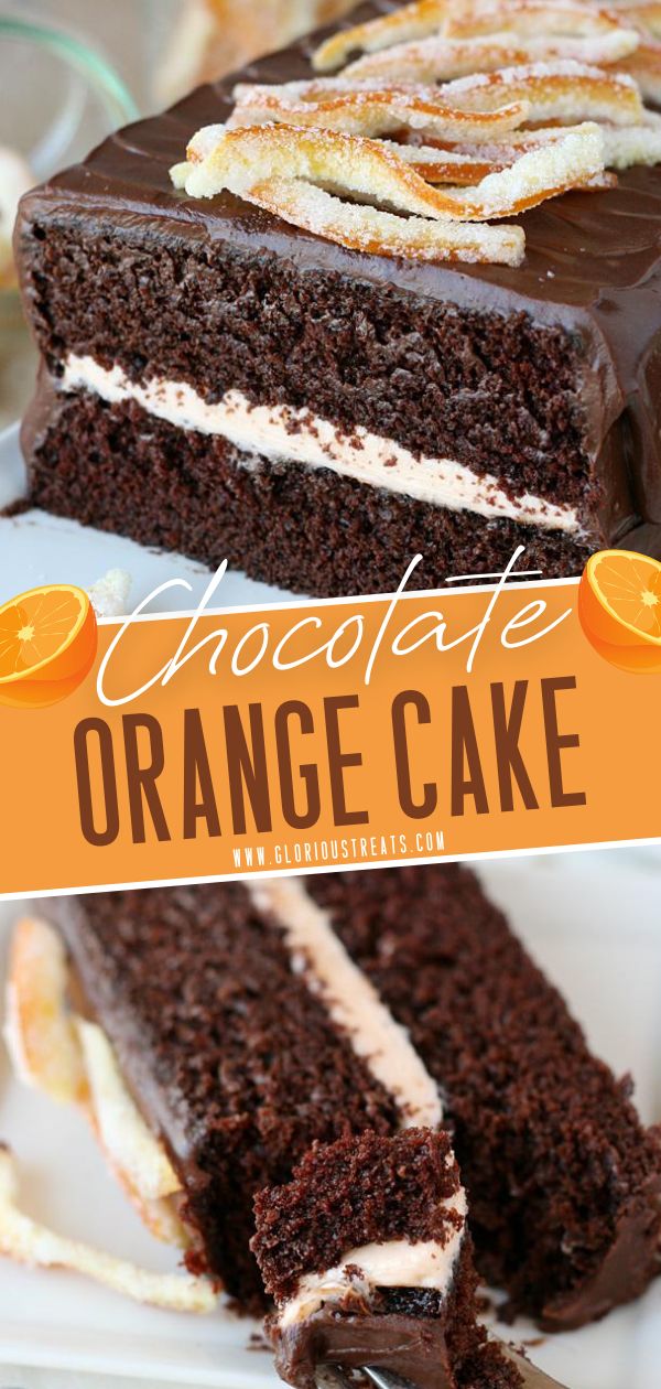 chocolate orange cake on a white plate with the title above it