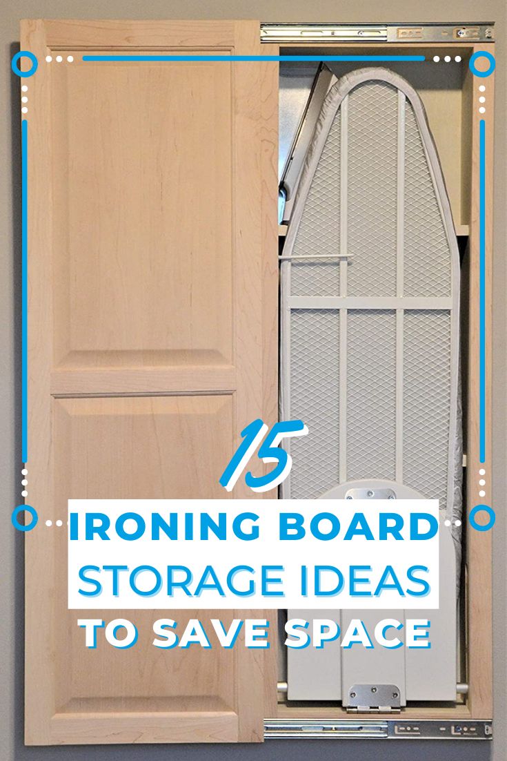 an ironing board and storage space in a closet