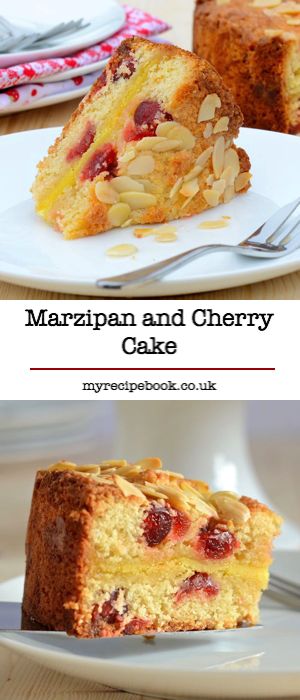 two pictures with different types of cake on them and the words marzipan and cherry cake