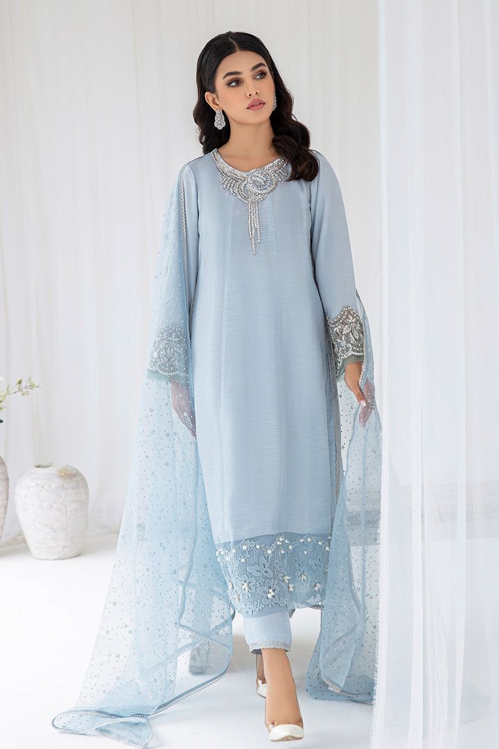 Elegant Ice Blue Embroidered Pakistani Salwar Kameez Dupatta Suit is ensemble with an intricately adorned jewel neckline and sleeves. A delicate lace fabric adorned with drop and seed pearls is used on the hemline to make it more classy. Its paired with straight pants and a signature blink dupatta with more than swarovskis placed manually to make this ensemble a showstopper. Silk Kameez: The kameez has a stunning ice blue shade and it is gracefully emblazoned with embroidery work. Threads, flora Shirts Designs Pakistani, Lace Suit, Pakistani Salwar, Pakistani Party Wear, Desi Clothes, Pakistani Salwar Kameez, Casual Party Dresses, Fashion Illustration Dresses, Neckline Designs