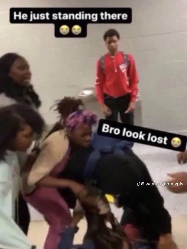 a group of young people standing around each other in an airport lobby with the caption'he just standing there bro look lost '