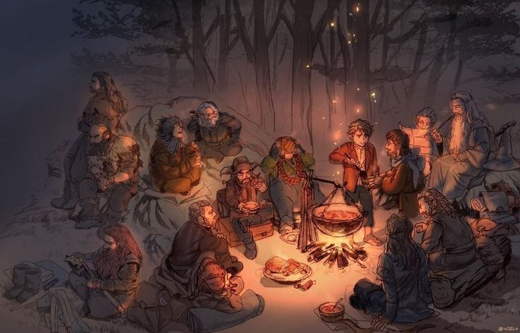 a group of people sitting around a campfire in the woods