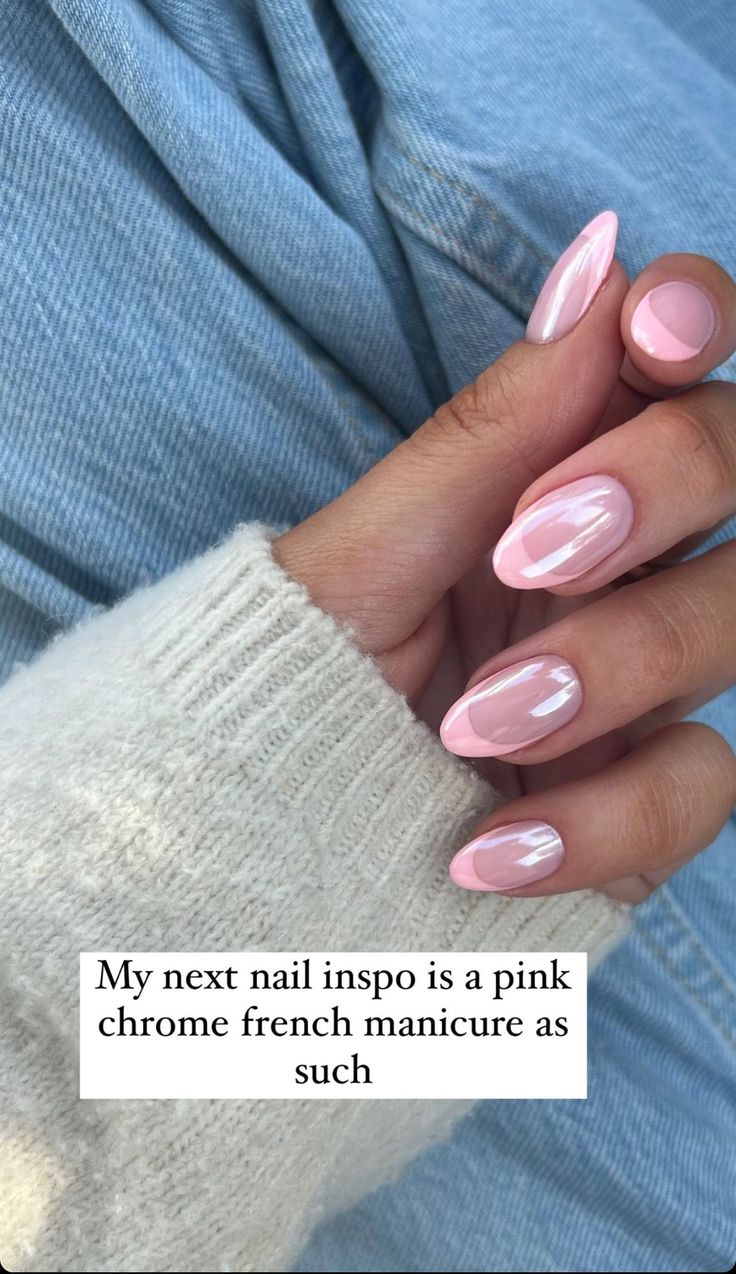 Pink Chrome French Manicure, Simple But Classy Nails, Baby Pink Chrome Nails French Tip, Colored French Tip With Chrome, Pink Crome French Tip, Pink French Tip Nails With Chrome, Pink French With Chrome, Soft Pink Chrome Nails, Pink French Tip Chrome Nails