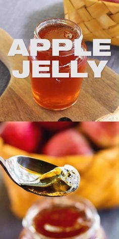 an apple jelly in a glass jar with a spoon full of it and the words, apple jelly