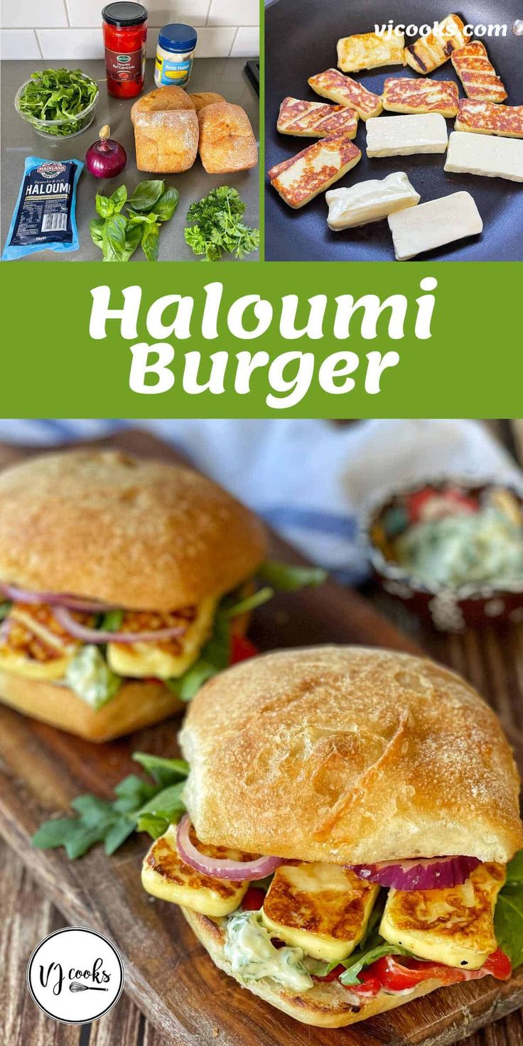 two sandwiches with different toppings on them and the words halouni burger written below