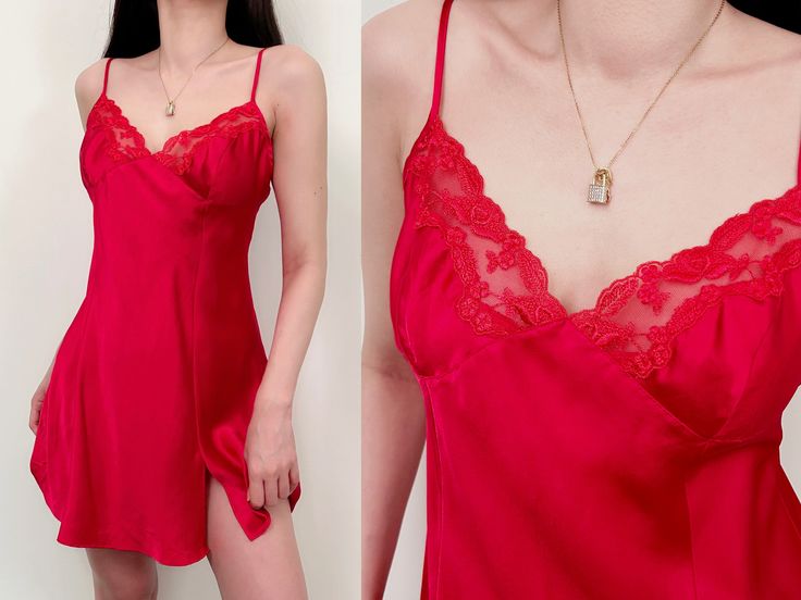 ᥫ᭡ FREE SHIPPING WORLDWIDE ᥫ᭡ SIZING:  Size L MEASUREMENTS- taken with dress lying flat Armpit to Armpit: 40" Length: 33" CONDITION: Excellent Model is 5'6" with a 34C/36B bust. ✿ This piece has been freshly cleaned and is ready to wear. ✿ Please DM your  phone number for international shipping. ✿ Return, exchange, and refund are not accepted, all vintage items are  FINAL SALE. ✿ Happy to help with any questions. Red V-neck Slip Dress For Sleep, Red V-neck Nightwear Slip Dress, Red Slip Dress For Night, Lingerie Nightgown, Romantic Lingerie, Silk Nightgown, Lingerie Dress, Red Lingerie, Lace Slip