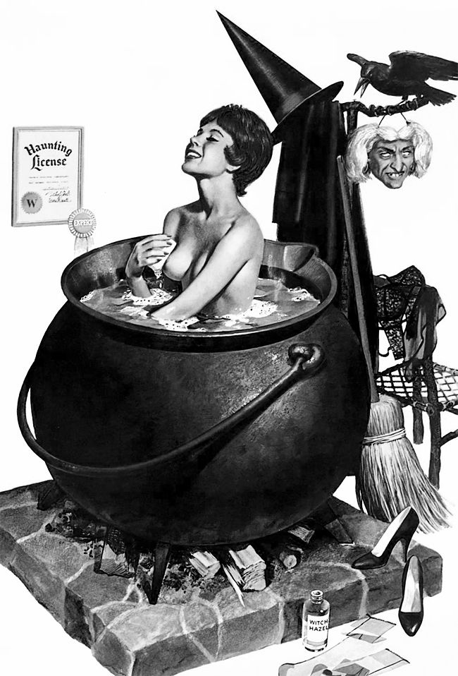 a black and white drawing of a woman in a bathtub with witches around her