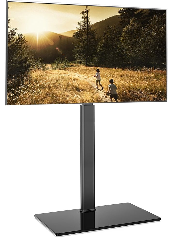 an image of two people walking in the woods on a large screen tv mounted to a metal stand