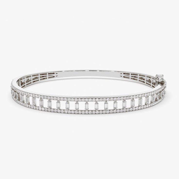 14K Baguette & Round Diamond Bangle Bracelet 14K White Gold Ferkos Fine Jewelry Diamond Bangle Bracelet, Diamond Bangles Bracelet, Baguette Cut Diamond, Diamond Bangle, Diamond Carat, Baguette Cut, Diamond Color, Diamond Gemstone, Bracelet Sizes