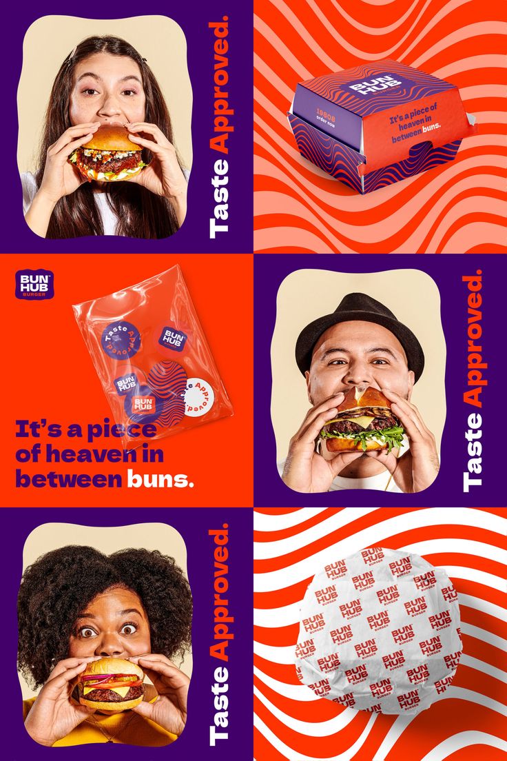 an advertisement for burgers and fast food is shown in four different pictures, with the caption'it's a place of heaven in between buns '