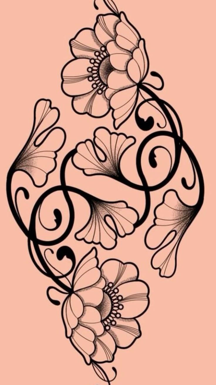 a drawing of some flowers on a pink background with black lines and swirls in the middle