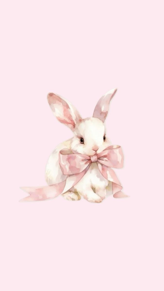 a rabbit with a pink bow on its head is sitting in front of a pink background