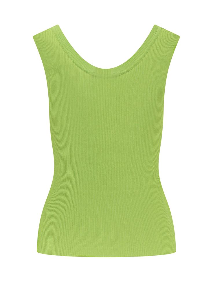 Sleeveless top. u-neck. Rib knit workmanship.Composition: 75% Viscose, 25% Polyamide Chic Green Tank Vest, Chic Green Stretch Vest, Chic Green Scoop Neck Tank Top, Chic Green Sweater Vest For Summer, Green Fitted Sleeveless Tank Top, Sleeveless Fine Knit Top, Fine Knit Scoop Neck Top, Chic Green Sleeveless Knit Top, Green Knit Vest Top