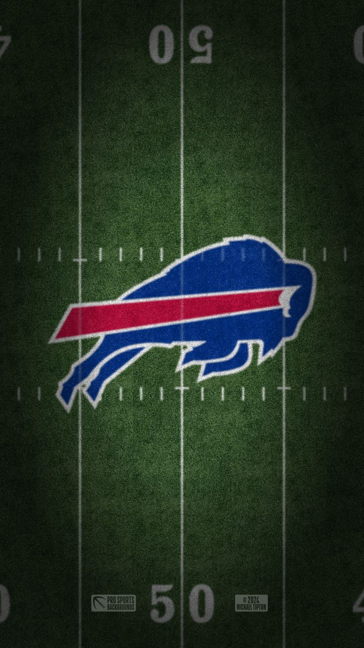 the buffalo logo is shown on an american football field with green grass and white lines