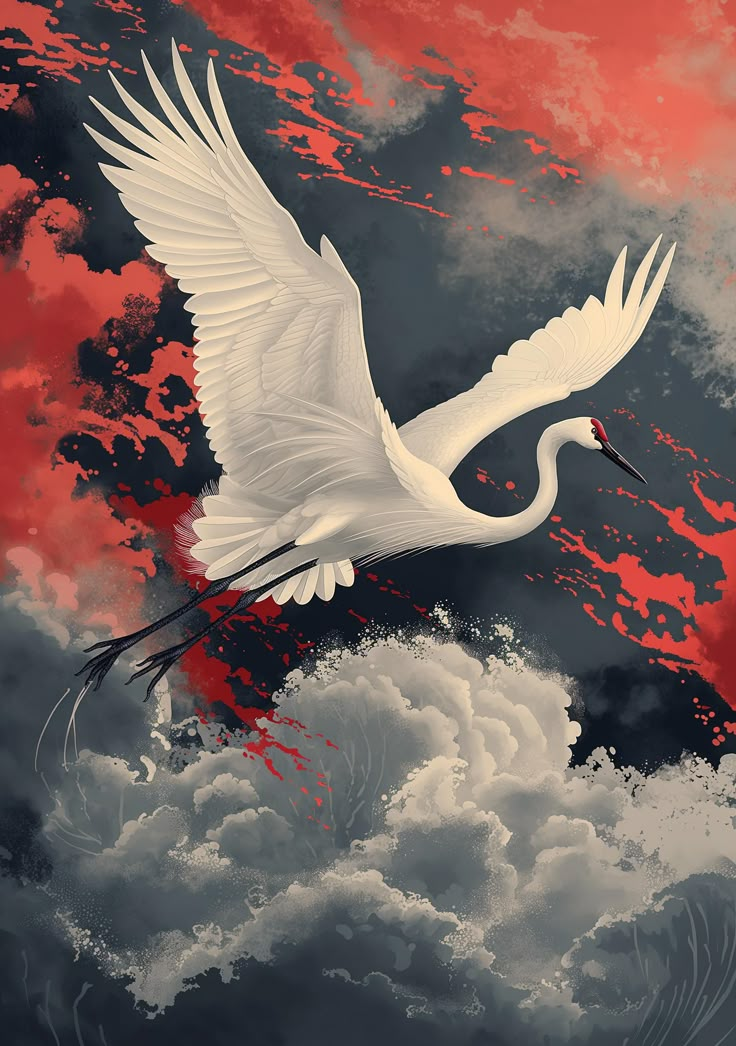 a painting of a white crane flying in the sky with red and black clouds behind it