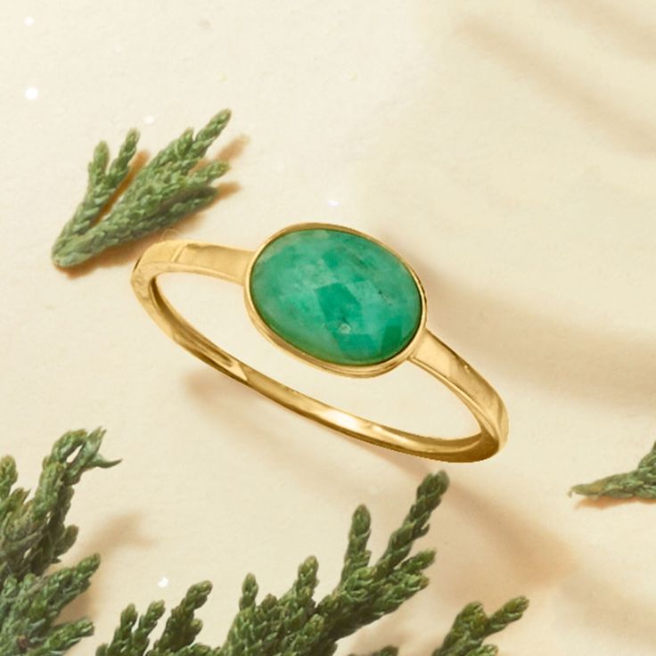 Ross-Simons - 1.00 Carat Emerald Ring in 14kt Yellow Gold. Size 10. The deep, lush color of emeralds is unmatched! This is evident in this simple yet sophisticated 14kt yellow gold ring. Here, a horizontally set 1.00 carat oval rose-cut emerald is the star of the show. 1/4" wide. Emerald ring. Emerald birthstones are the perfect gift for May birthdays. Classic Green Emerald-cut Stackable Rings, Classic Green Emerald Cut Stackable Rings, 14k Gold Green Emerald Ring, 14k Gold Emerald Cut Emerald Ring For Everyday, 14k Gold Green Emerald Ring, Fine Jewelry, Fine Jewelry 14k Gold Green Emerald Ring, Classic Green Emerald Stackable Rings, Classic 14k Gold Emerald Ring For Everyday, Classic Everyday Emerald Ring In 14k Gold