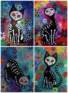 four paintings of cats with skulls and flowers on them, each painted in different colors